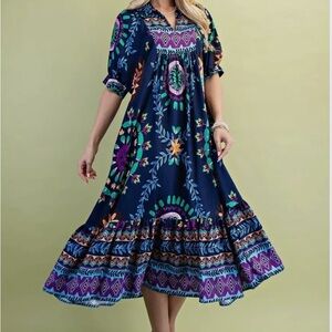 Bohemian mixed print short sleeve blue midi dress S-L
